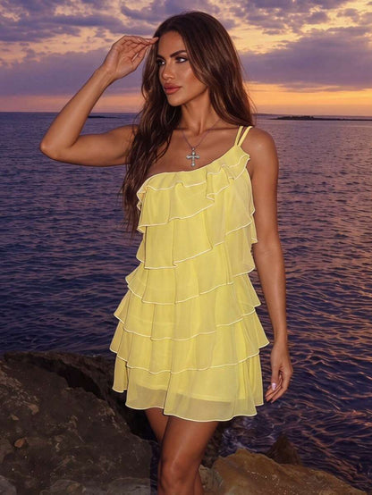 Chic A-Line One-Shoulder Tiered Ruffle Pastel Yellow Mini Homecoming Dresses