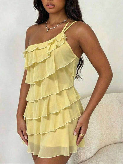 Chic A-Line One-Shoulder Tiered Ruffle Pastel Yellow Mini Homecoming Dresses