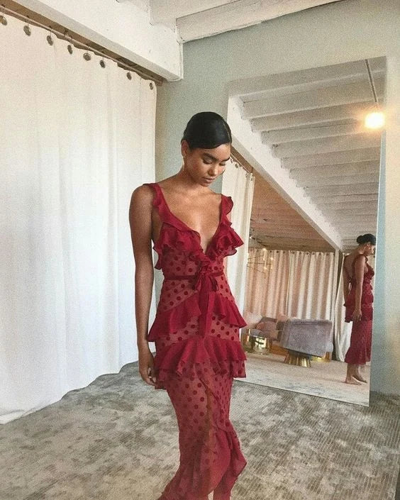 Chic A-Line Plunge Sleeveless Ruffled Polka Dot Burgundy Maxi Evening Dress Women's