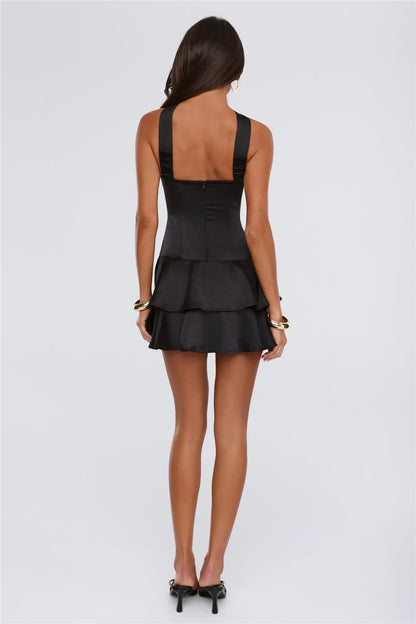 Chic A-Line Reverse Halter Neck Tiered Ruffle Party Black Mini Homecoming Dress