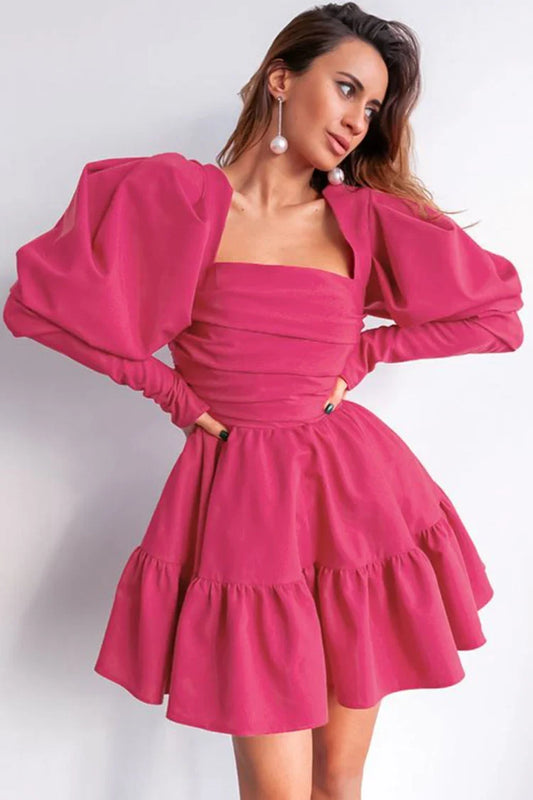 Chic A-Line Square-Neck Puff-Sleeve Ruched Ruffled Hot Pink Mini Homecoming Dresses