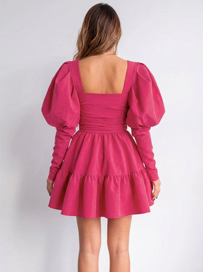 Chic A-Line Square-Neck Puff-Sleeve Ruched Ruffled Hot Pink Mini Homecoming Dresses