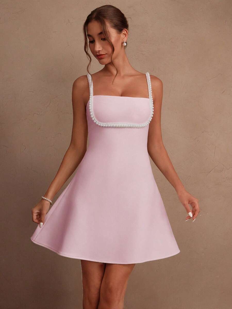 Chic A-Line Square Neck Pearl Trim Sweet Pink Short Homecoming Dress