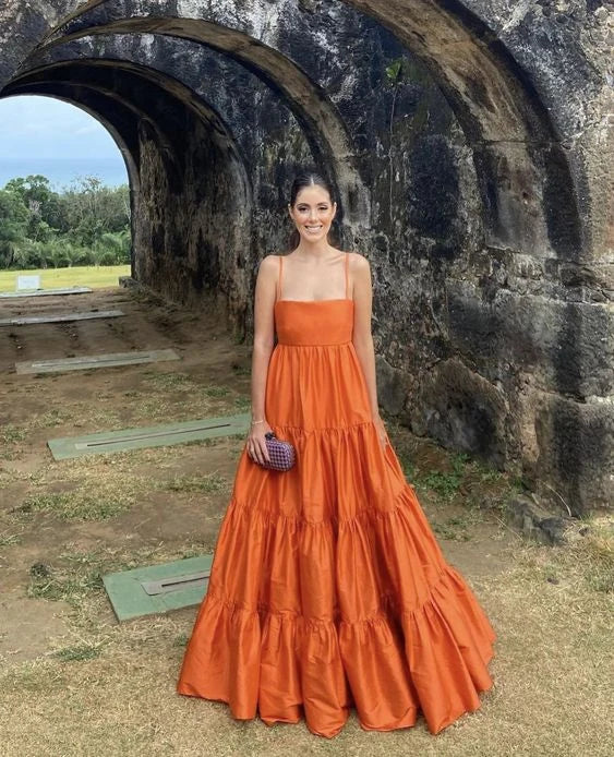 Chic A-Line Square Neck Sleeveless Tiered Orange Floor-Length Evening Gown