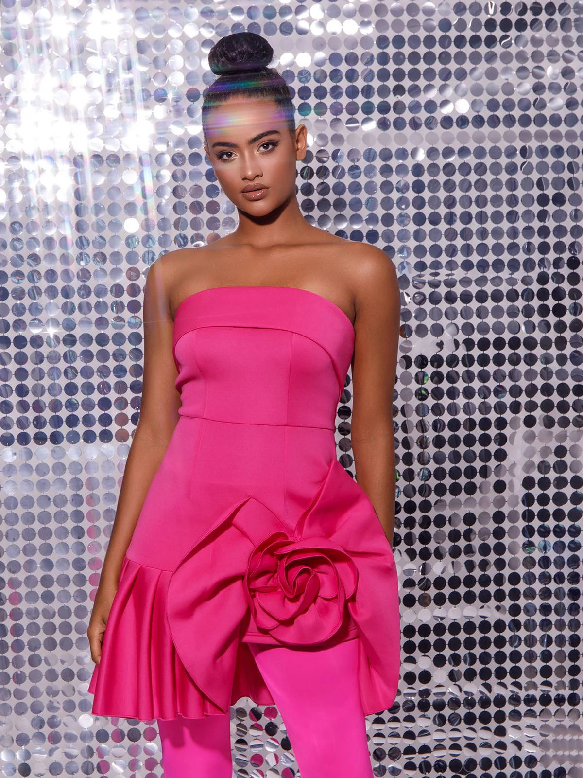 Chic A-Line Strapless 3D Rose Pleated Hot Pink Mini Homecoming Dress No Jumpsuit