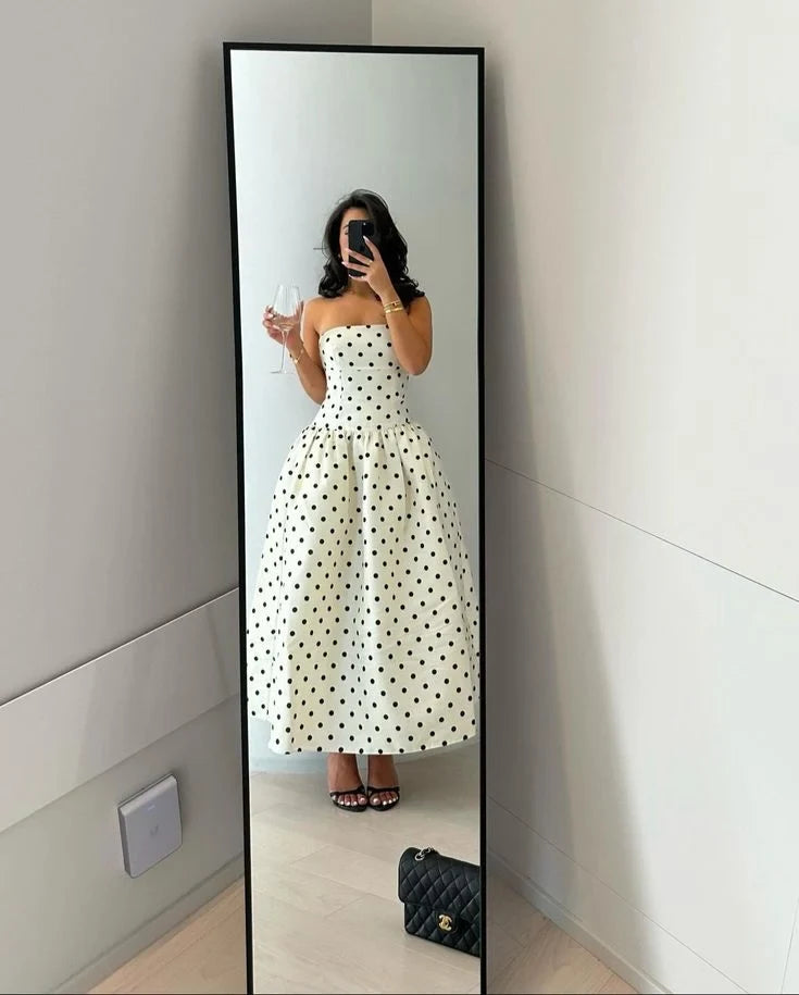 Chic A-Line Strapless Polka Dot Pleated White Midi Evening Dress Women's Gown