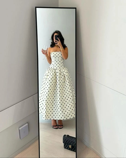 Chic A-Line Strapless Polka Dot Pleated White Midi Evening Dress Women's Gown