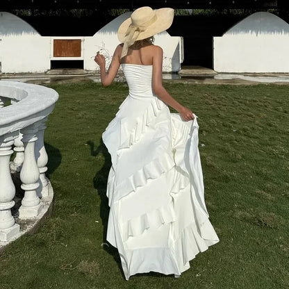 Chic A-Line Strapless Ruffled Asymmetrical White High-Low Prom Dresses