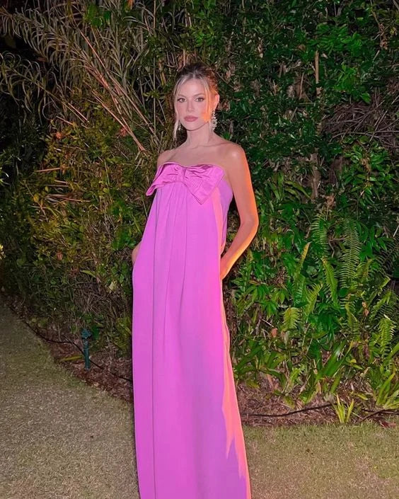 Chic A-Line Strapless Sleeveless Bow Fuchsia Floor-Length Women's Evening Gown