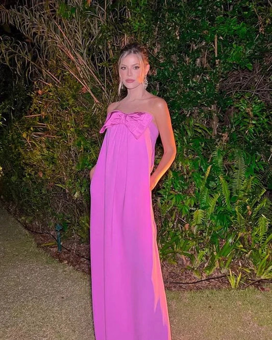 Chic A-Line Strapless Sleeveless Bow Fuchsia Floor-Length Women's Evening Gown