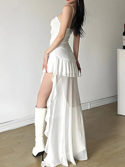 Chic A-Line Sweetheart Ruffled Asymmetrical White High-Low Prom Dresses