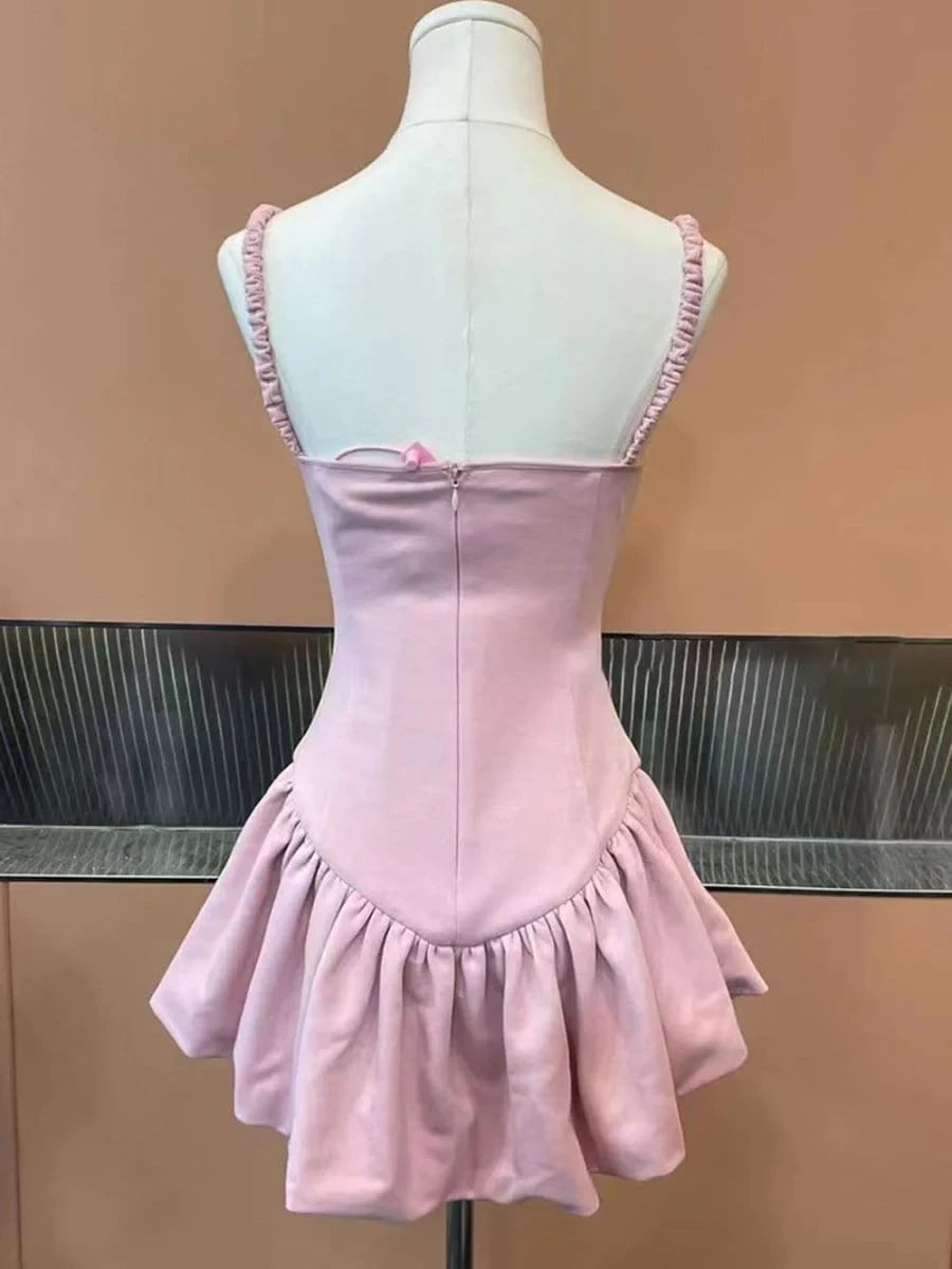 Chic A-Line Sweetheart Ruffled Bow Pink Mini Homecoming Dress With Rhinestones