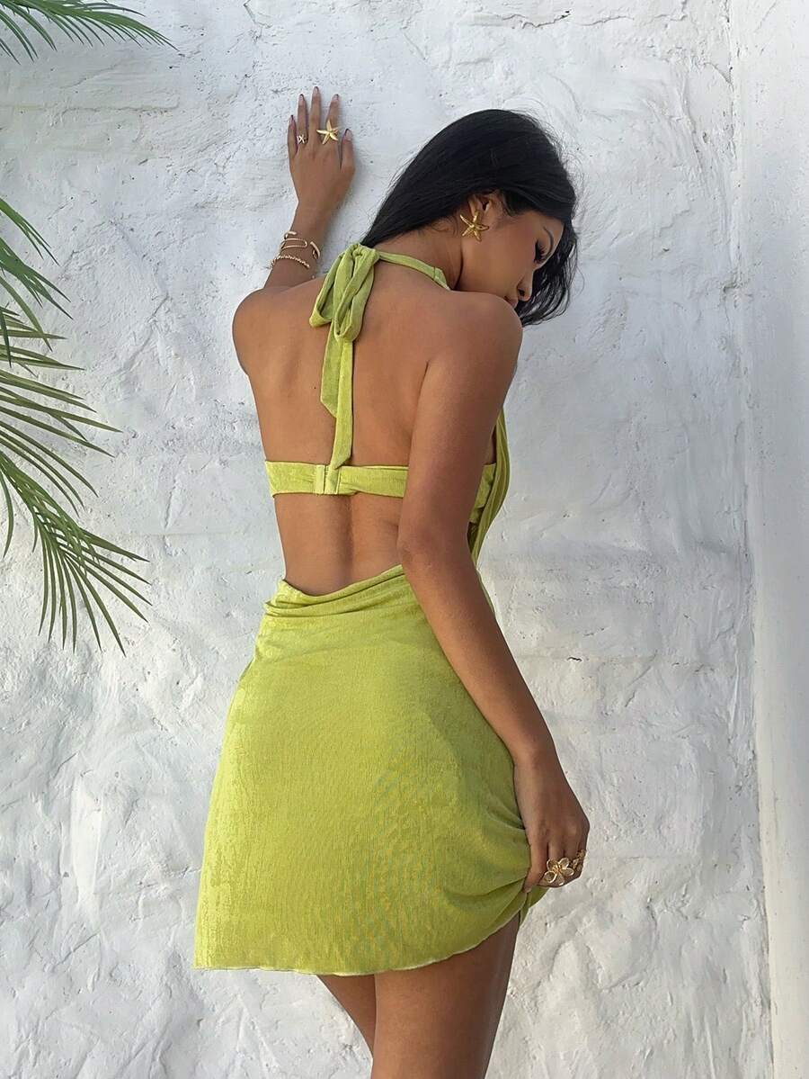 Chic Bodycon Halter Cowl Neck Cutout Lime Green Mini Homecoming Dress