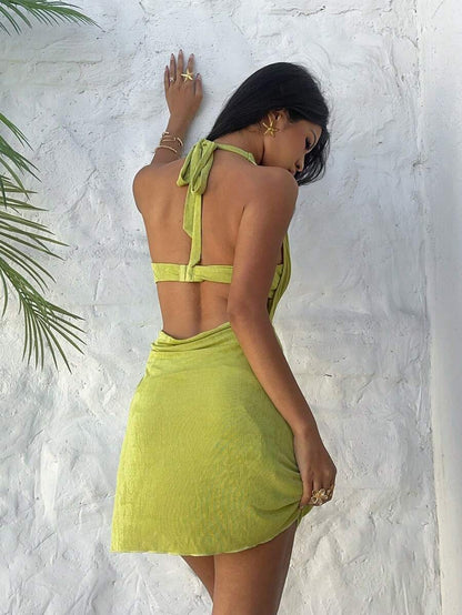 Chic Bodycon Halter Cowl Neck Cutout Lime Green Mini Homecoming Dress
