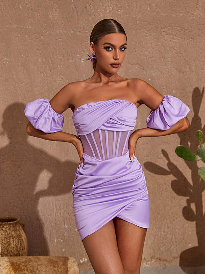 Chic Bodycon Off-Shoulder Puffy Sleeve Corset Ruched Satin Lavender Mini Homecoming Dress
