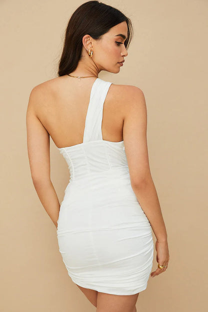 Chic Bodycon One-Shoulder Corset Cutout Ruched White Mini Homecoming Dress