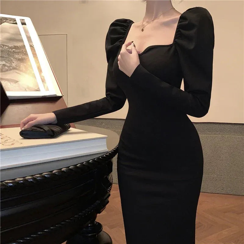 Chic Knit Midi Evening Dress Black Sweetheart Square-Neck Puff-Long Sleeve Formal Women