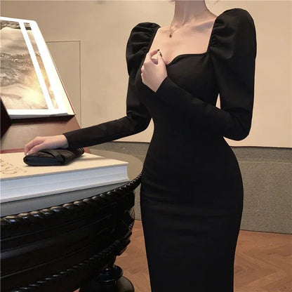 Chic Knit Midi Evening Dress Black Sweetheart Square-Neck Puff-Long Sleeve Formal Women