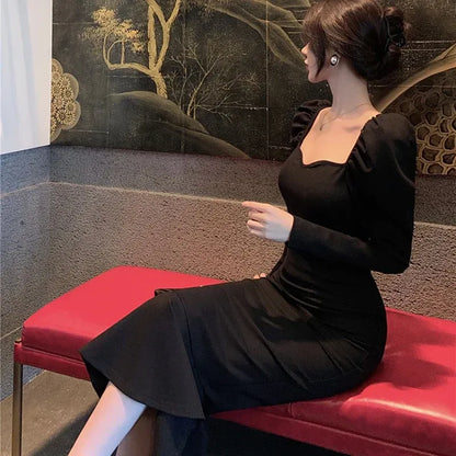 Chic Knit Midi Evening Dress Black Sweetheart Square-Neck Puff-Long Sleeve Formal Women