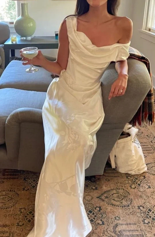 Chic Sheath Asymmetric Cowl Draped Ivory Floor-Length Evening Dress Women's Gown