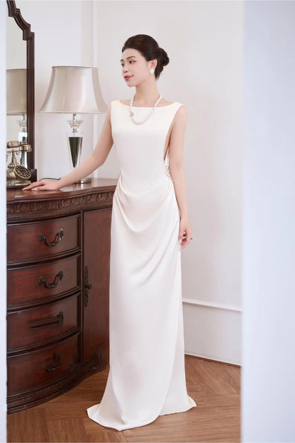 Chic Sheath Boat Neck Draped Embellished Ivory Floor-Length Prom Dress
