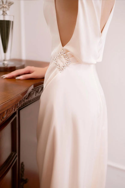 Chic Sheath Boat Neck Draped Embellished Ivory Floor-Length Prom Dress