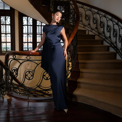 Chic Sheath Cowl Neck Draped Backless Satin Navy Floor-Length Prom Dress