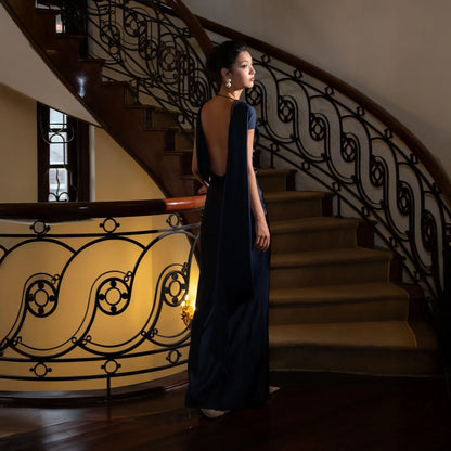 Chic Sheath Cowl Neck Draped Backless Satin Navy Floor-Length Prom Dress