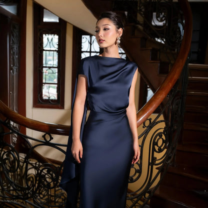 Chic Sheath Cowl Neck Draped Backless Satin Navy Floor-Length Prom Dress