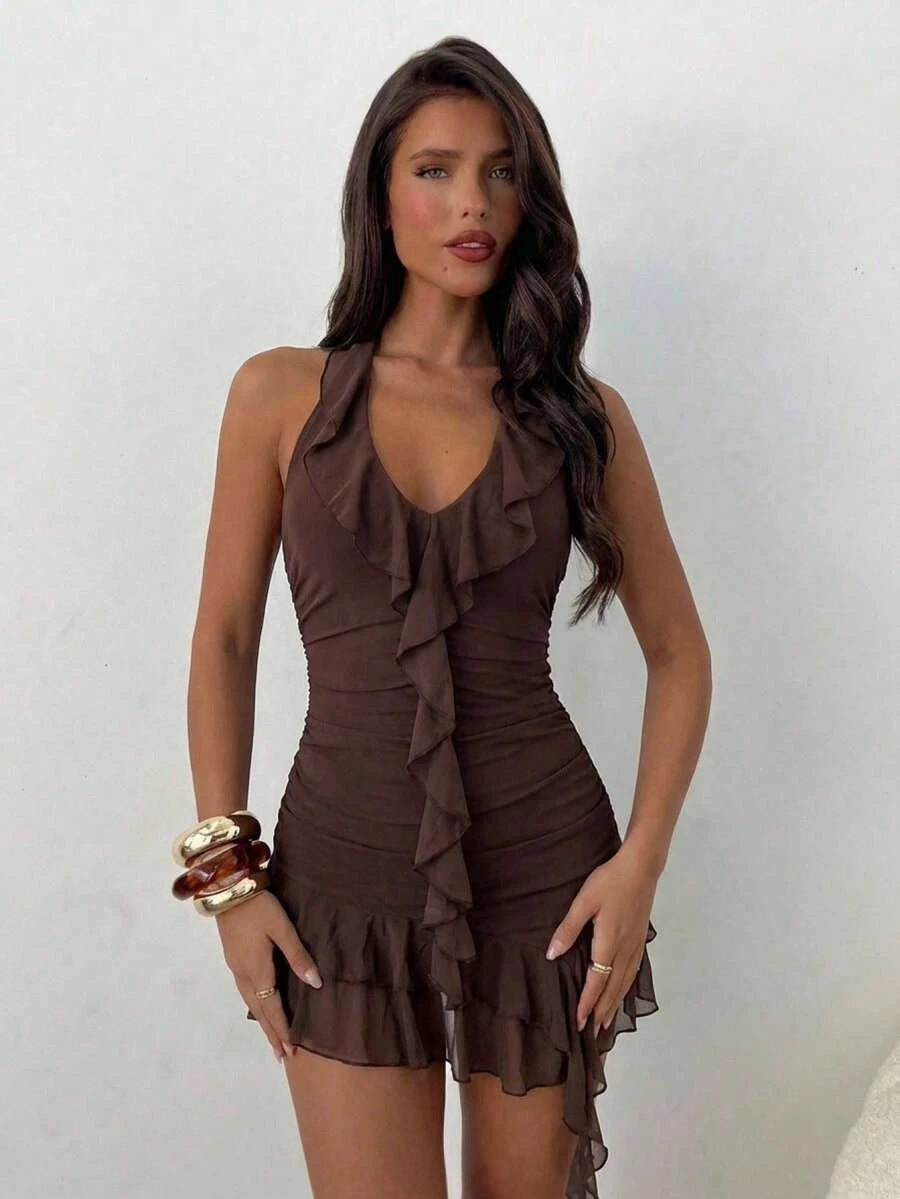 Chic Sheath Halter V-Neck Ruffled Ruched Chocolate Brown Mini Homecoming Dress