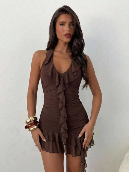 Chic Sheath Halter V-Neck Ruffled Ruched Chocolate Brown Mini Homecoming Dress