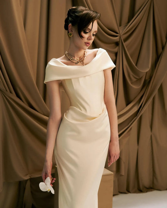 Chic Sheath Off-Shoulder Corset Draped Ivory Floor-Length Prom Dress For Women