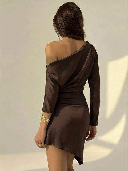Chic Sheath Off-Shoulder Long Sleeve Asymmetrical Draped Satin Chocolate Mini Homecoming Dress