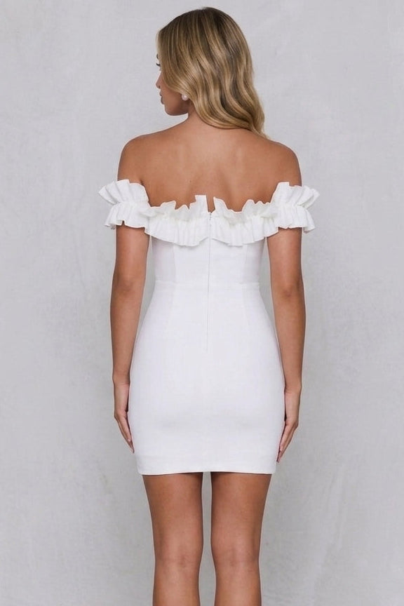 Chic Sheath Off-Shoulder Ruffled Bodycon White Mini Homecoming Dress
