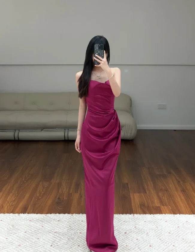 Chic Sheath Strapless Draped Ruched Magenta Floor-Length Evening Gown