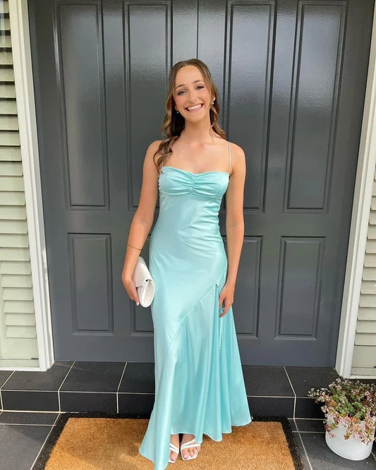 Chic Sheath Sweetheart Sleeveless Ruched Flowy Aqua Blue Floor-Length Evening Gown