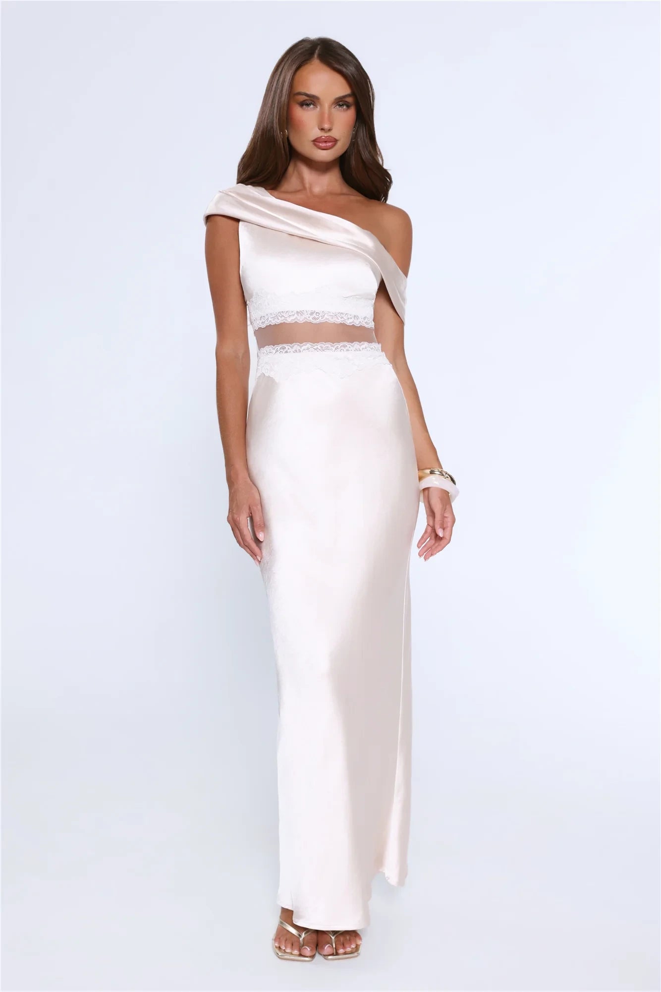 Chic Two-Piece Sheath One-Shoulder Lace-Trimmed Satin Champagne Floor-Length Prom Dress