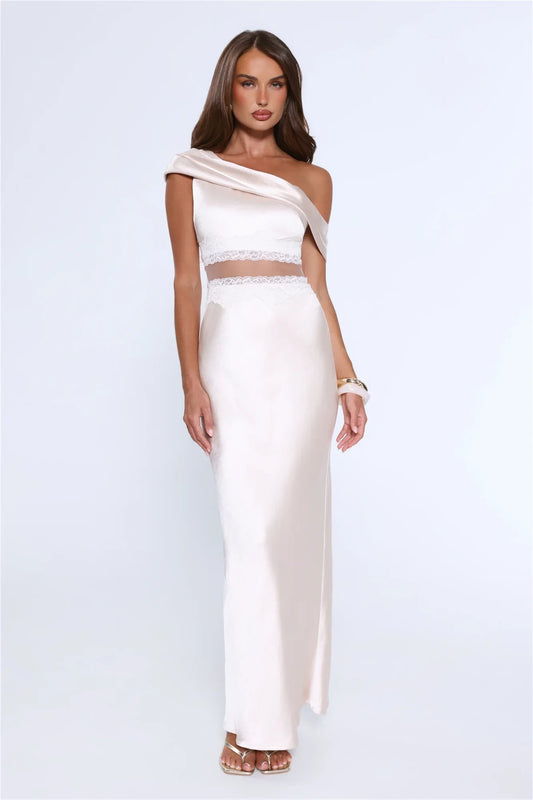 Chic Two-Piece Sheath One-Shoulder Lace-Trimmed Satin Champagne Floor-Length Prom Dress