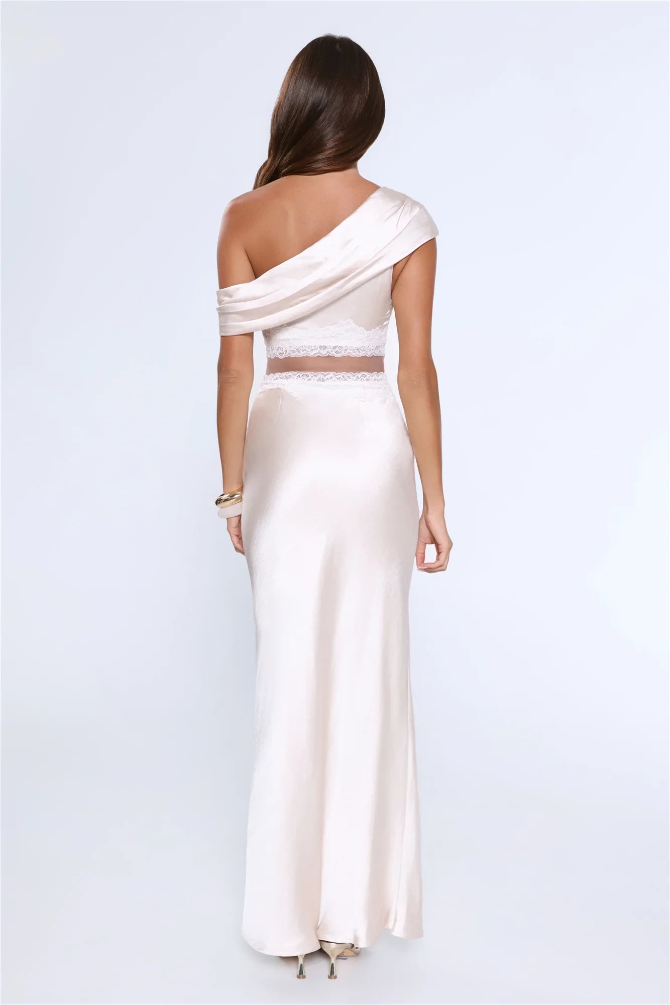 Chic Two-Piece Sheath One-Shoulder Lace-Trimmed Satin Champagne Floor-Length Prom Dress