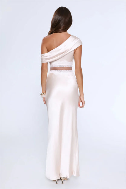 Chic Two-Piece Sheath One-Shoulder Lace-Trimmed Satin Champagne Floor-Length Prom Dress