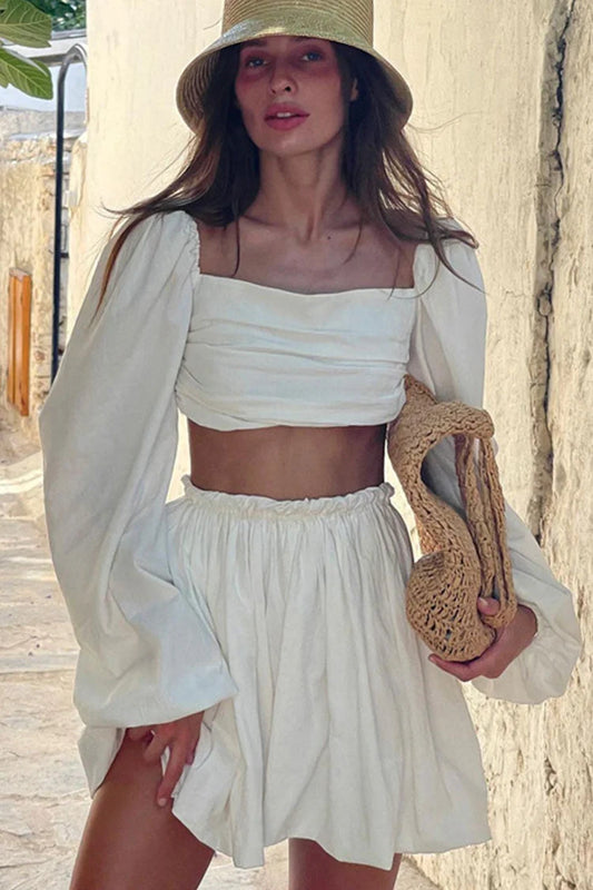 Chic Two-Piece Square Neck Long Puff Sleeve Ruched Off-White Mini Homecoming Dresses