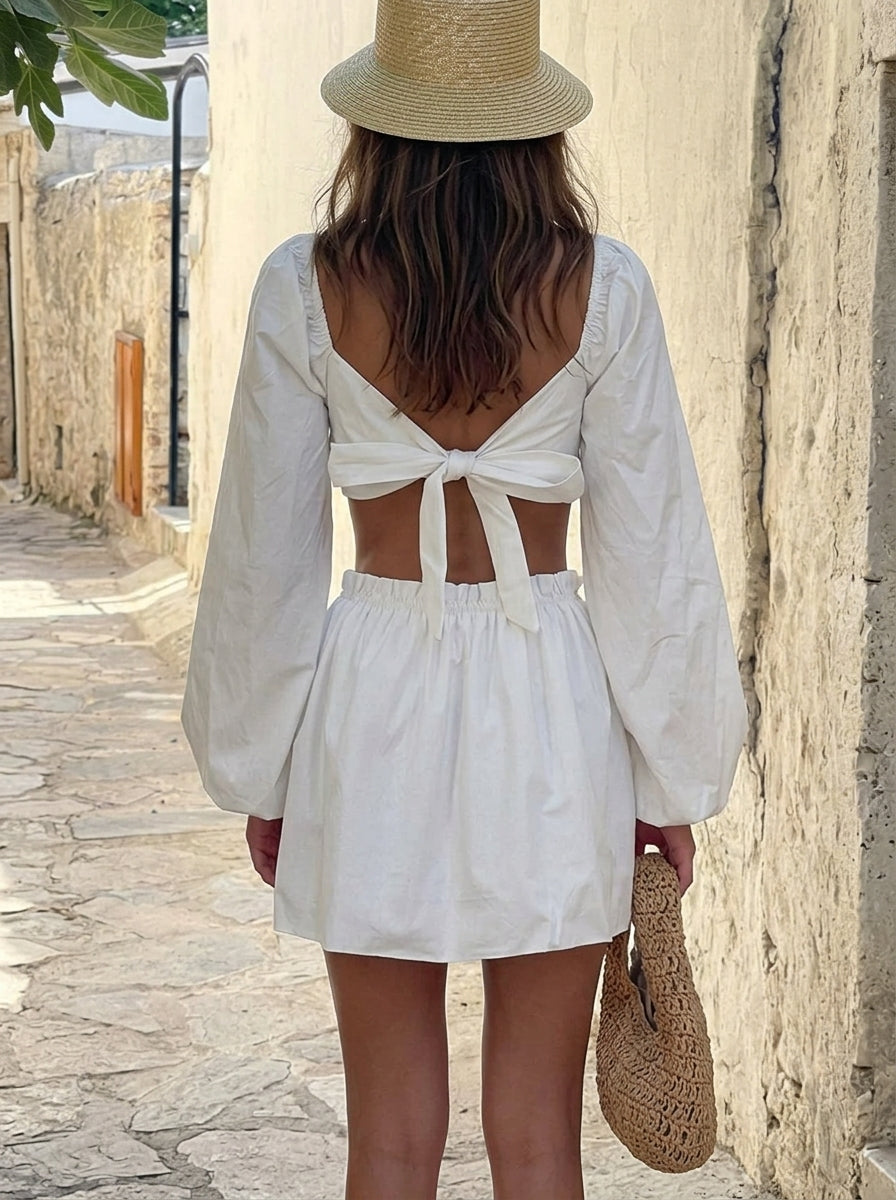 Chic Two-Piece Square Neck Long Puff Sleeve Ruched Off-White Mini Homecoming Dresses