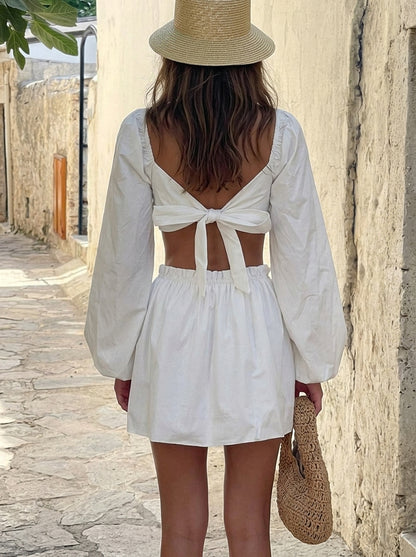 Chic Two-Piece Square Neck Long Puff Sleeve Ruched Off-White Mini Homecoming Dresses