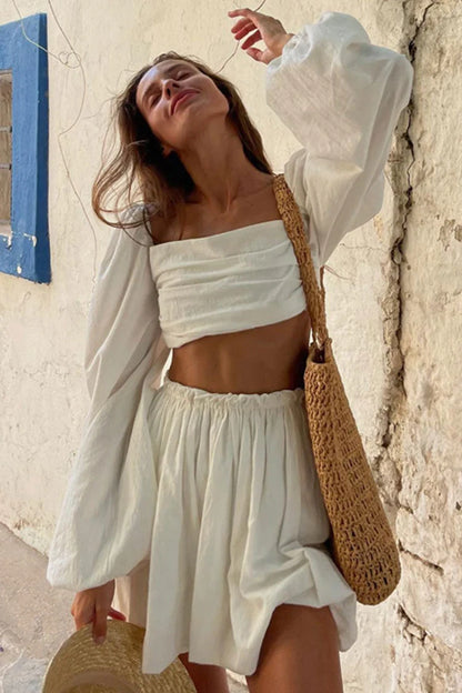 Chic Two-Piece Square Neck Long Puff Sleeve Ruched Off-White Mini Homecoming Dresses
