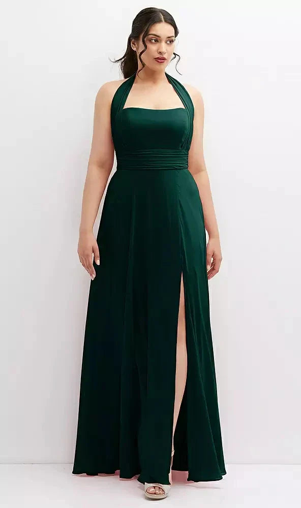 Chiffon Convertible Maxi Dress with Multi-Way Tie Straps in Evergreen