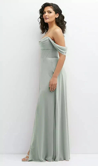 Chiffon Corset Maxi Dress with Removable Off-the-Shoulder Swags in Willow Green