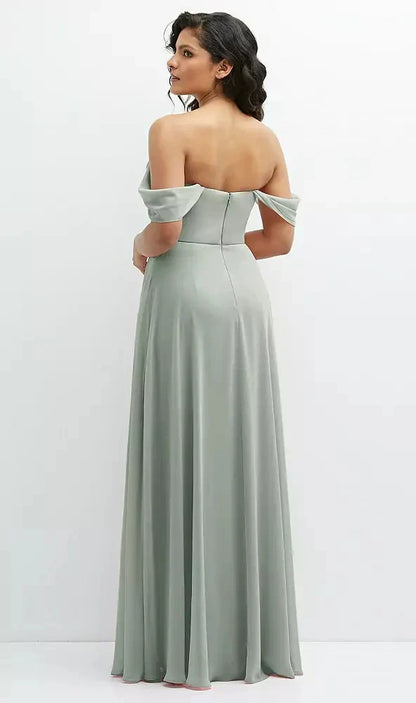 Chiffon Corset Maxi Dress with Removable Off-the-Shoulder Swags in Willow Green