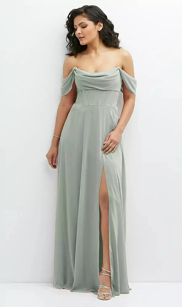 Chiffon Corset Maxi Dress with Removable Off-the-Shoulder Swags in Willow Green