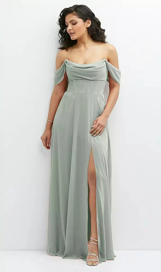 Chiffon Corset Maxi Dress with Removable Off-the-Shoulder Swags in Willow Green