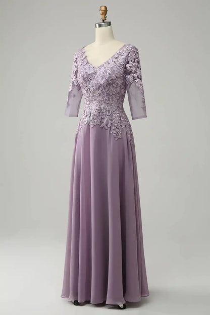Chiffon Long Lavender Mother of the Bride Dress V Neck Appliques